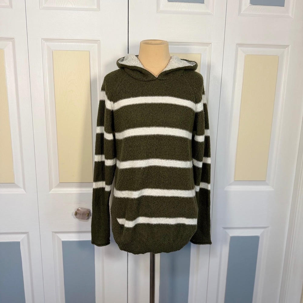 The Slope Brooklyn NY Olive Green Striped Knit Hoodie Sherpa Lined Small